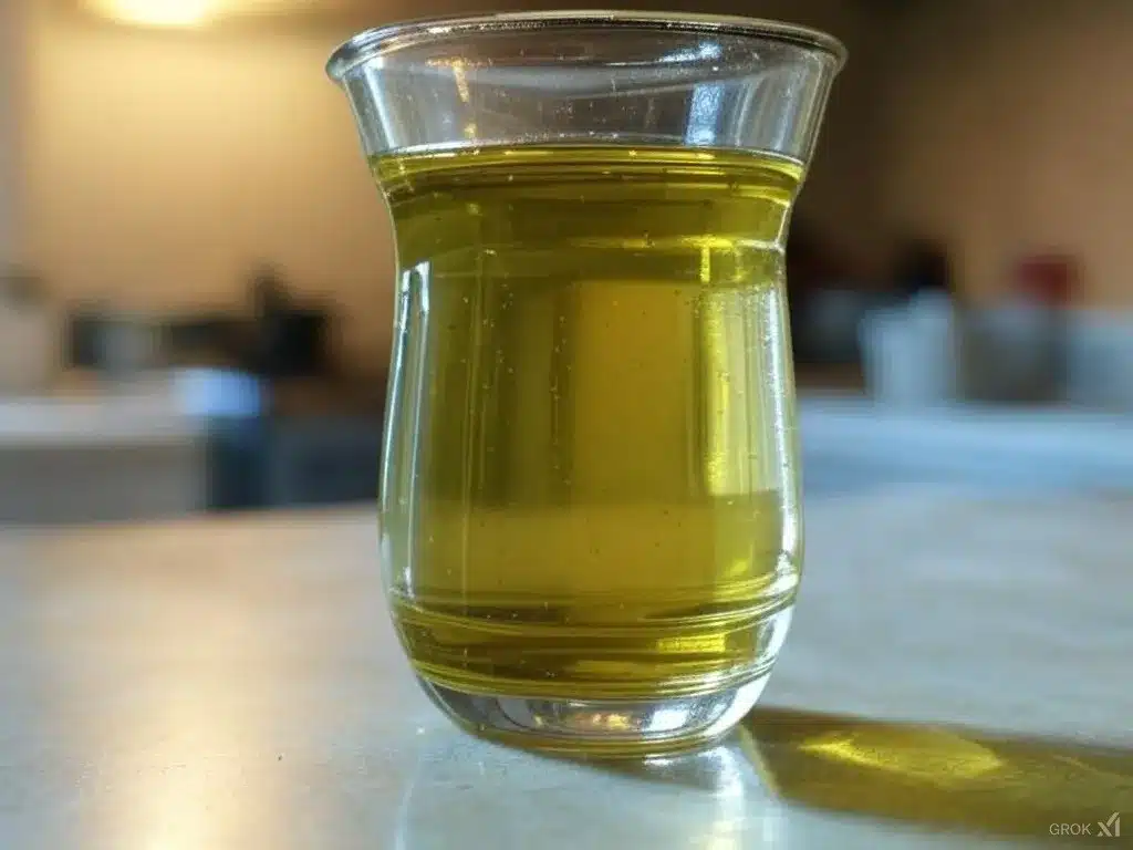 Vaso de cristal transparente con aceite usado, de color amarillento y con pequeñas impurezas visibles, sobre una encimera de cocina desenfocada al fondo.