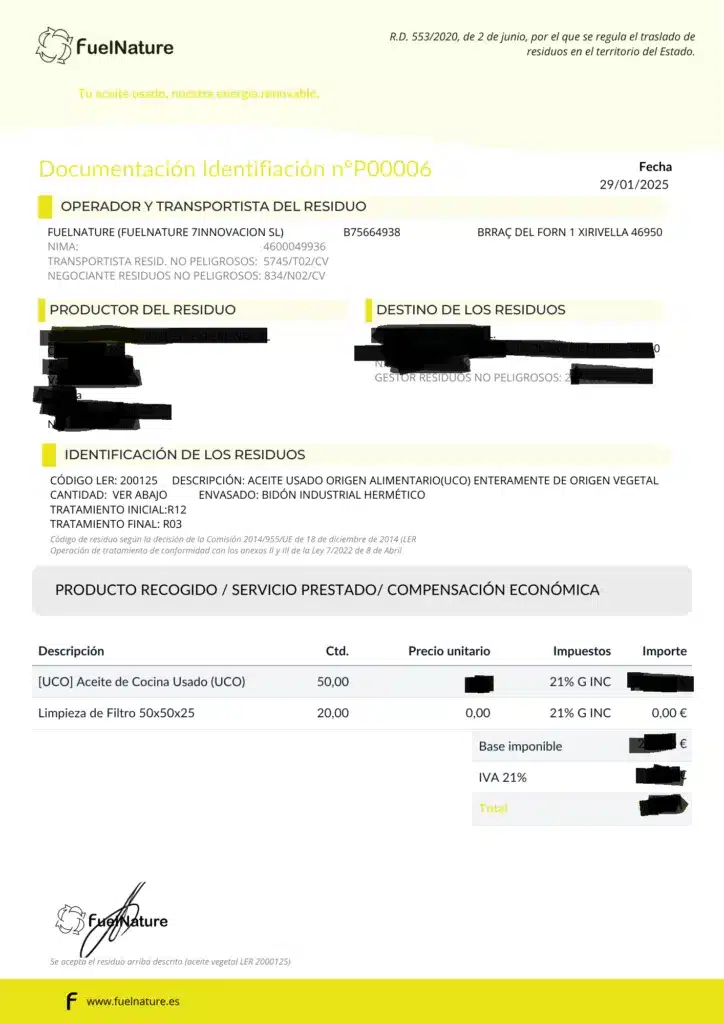 Documento de identificación de residuos que especifica la recogida de aceite usado de origen alimentario vegetal, con código LER 200125 y tratamiento R12–R03, envasado en bidón industrial hermético.