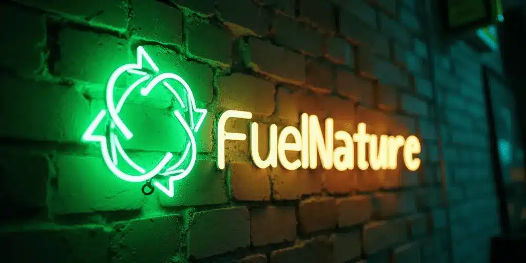 Logotipo de FuelNature iluminado en neón sobre una pared de ladrillo, con símbolo de reciclaje verde a la izquierda.