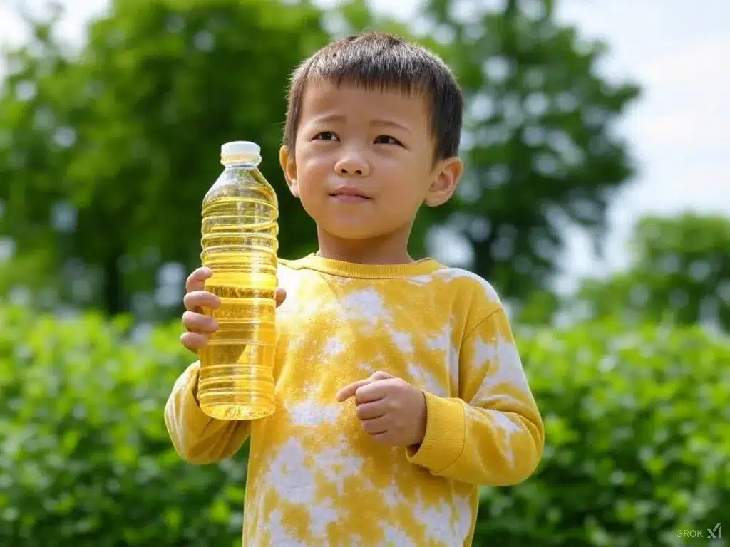 Niño con camiseta amarilla sosteniendo una botella transparente llena de aceite, de pie al aire libre con árboles verdes al fondo.