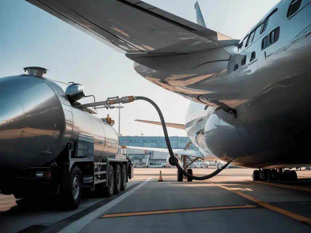 Camión cisterna repostando combustible a un avión en un aeropuerto mediante una manguera conectada al ala.