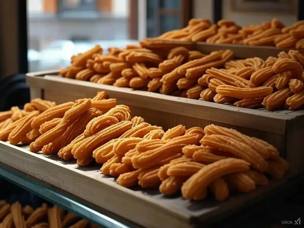 Bandejas de madera llenas de churros recién hechos, apilados en varias filas en un mostrador.