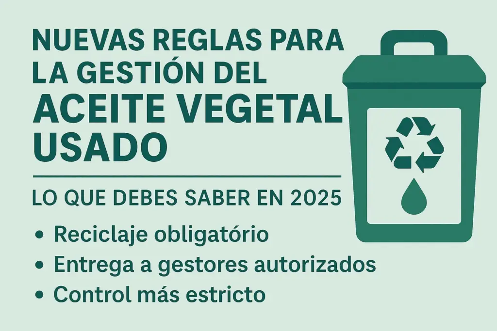 Cartel informativo con el título “Nuevas reglas para la gestión del aceite vegetal usado” y subtítulo “Lo que debes saber en 2025”, acompañado de icono de contenedor con símbolo de reciclaje.