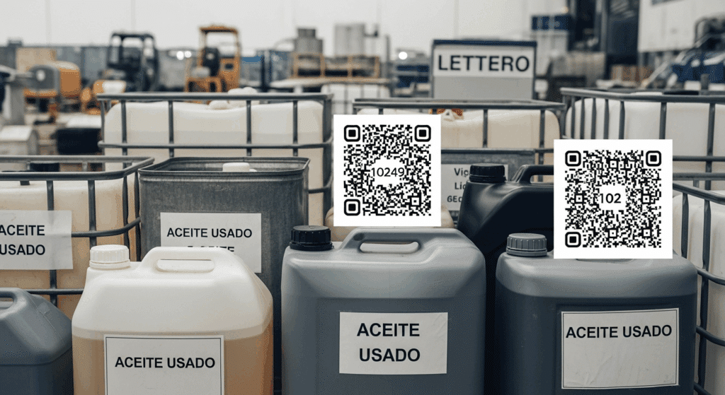 Contenedores de aceite usado con códigos QR para garantizar la trazabilidad aceites usados desde su origen hasta el tratamiento final.
