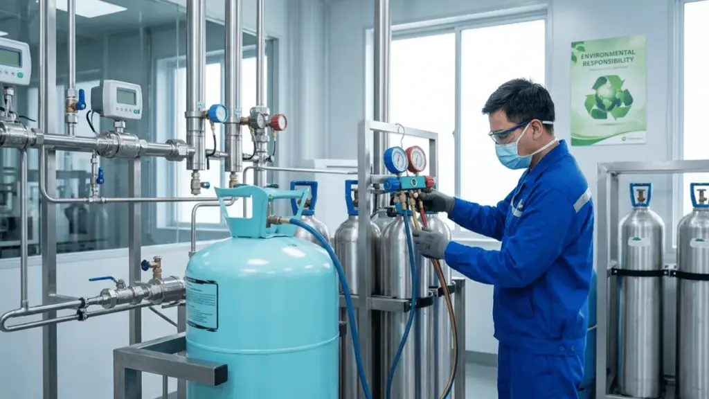 técnico gestionando residuos r12 con equipos de refrigeración en instalación industrial segura