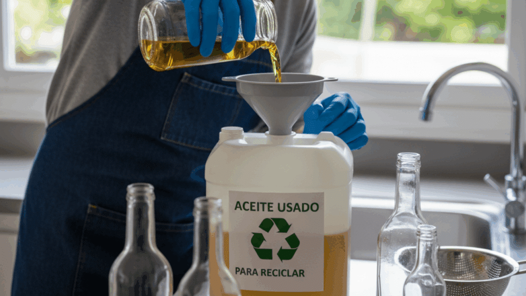 Persona vertiendo aceite usado en un contenedor de reciclaje con embudo, listo para su correcta gestión y transformación en biocombustible.