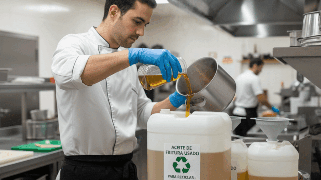 Cocinero vertiendo aceite de fritura usado en un contenedor homologado para su correcta gestión y reciclaje en hostelería.