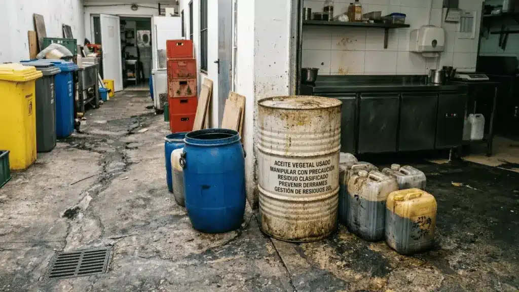 Almacenamiento incorrecto de aceite usado en restaurante con bidones y garrafas en zona no adecuada