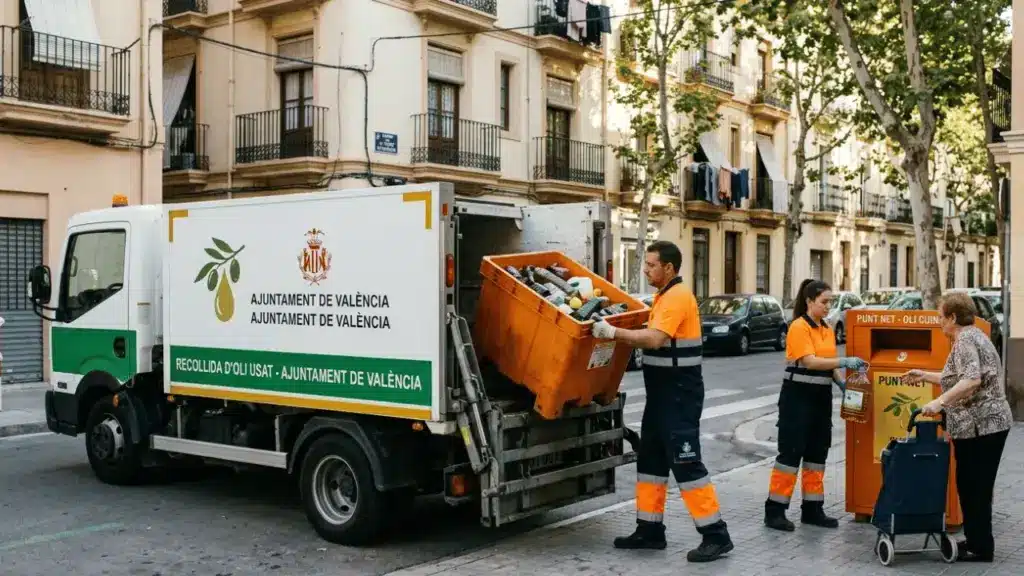 Operarios realizando la recogida de aceite usado en Valencia desde contenedor urbano para su reciclaje sostenible