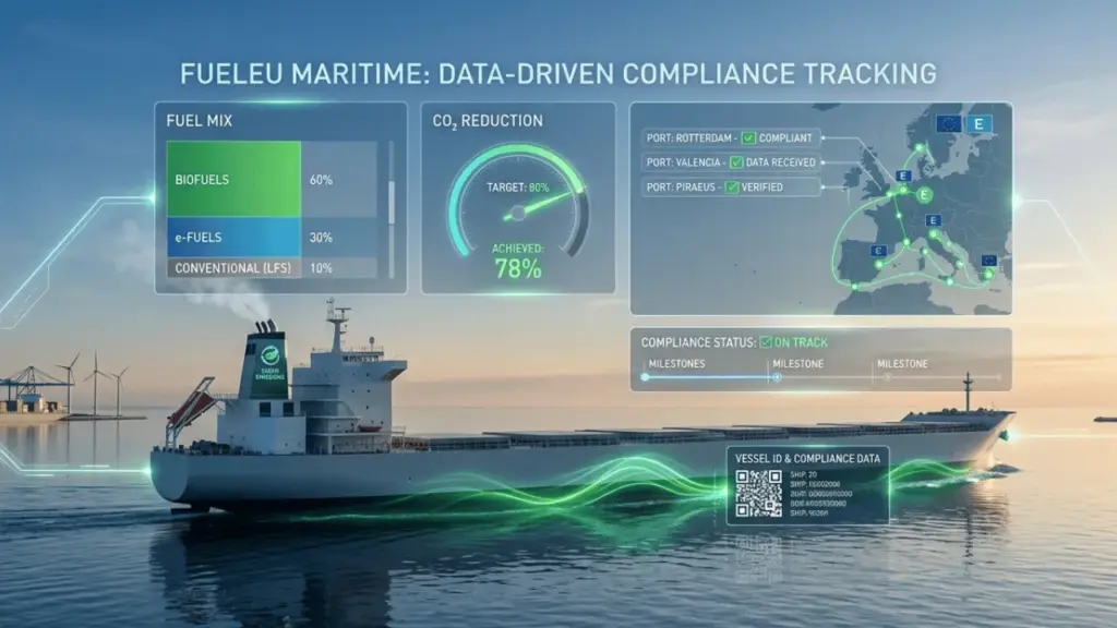 Buque de carga utilizando biocombustibles marítimos con sistema de seguimiento digital de emisiones según FuelEU Maritime, mostrando reducción de CO2, mezcla de combustibles renovables y rutas en Europa para la descarbonización del transporte marítimo.