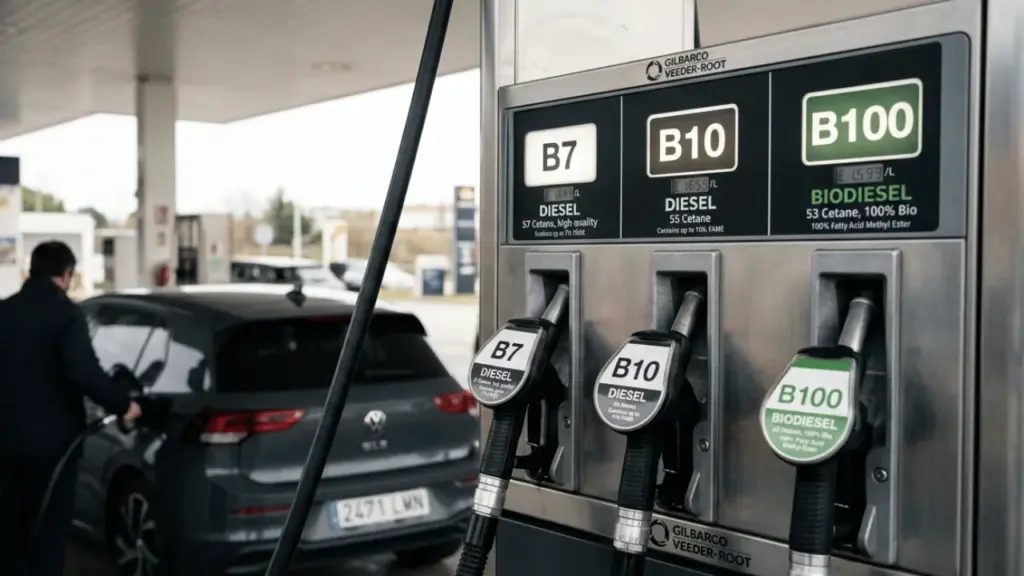 Surtidor de gasolinera con opciones de diésel B7, B10 y B100 mientras un coche repostando combustible en estación moderna