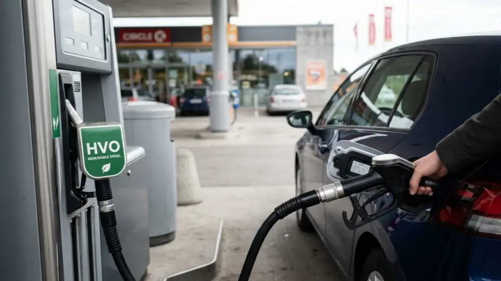 Coche repostando combustible HVO diésel renovable en gasolinera moderna con surtidor etiquetado HVO