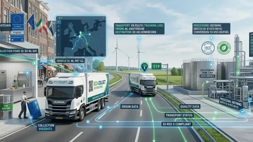 Sistema digital de trazabilidad del aceite de cocina usado en Europa, mostrando la recogida en restaurantes, transporte y procesamiento en planta de biocombustibles con seguimiento en tiempo real mediante Union Database.